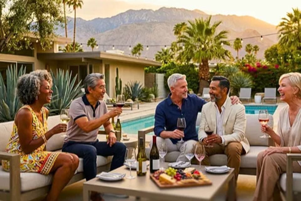 Friends gathered by a pool at sunset with mountain views