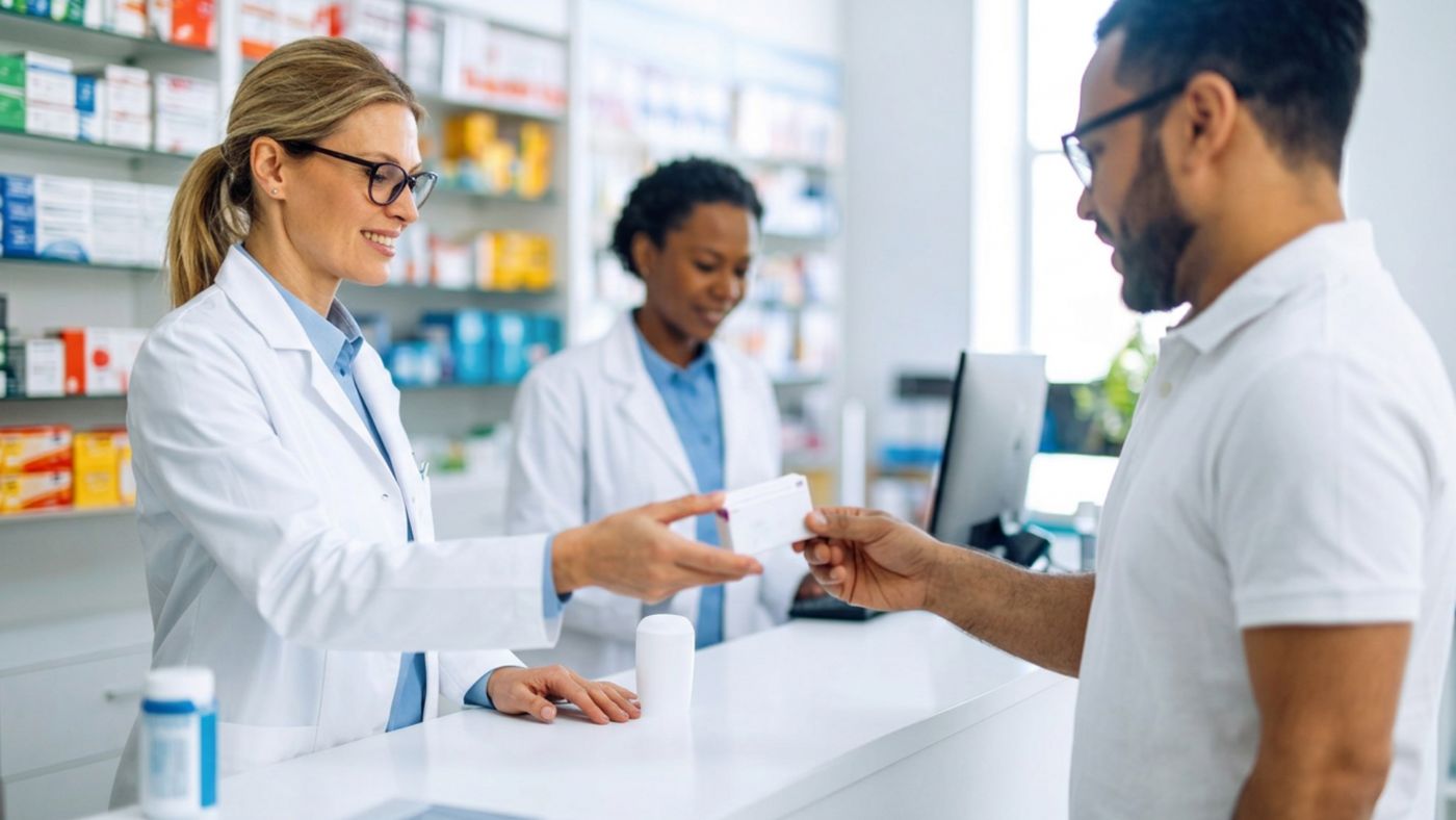Picking up a prescription at the pharmacy counter
