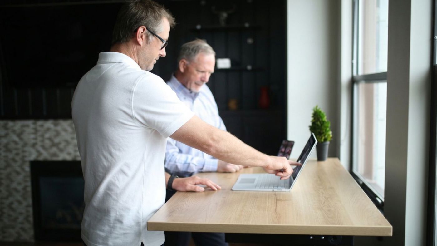 Helping a client with his laptop at a desk